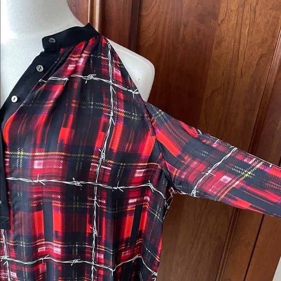 Nicole Miller Red and Black Plaid Cold Shoulder Blouse - Picture 3 of 10